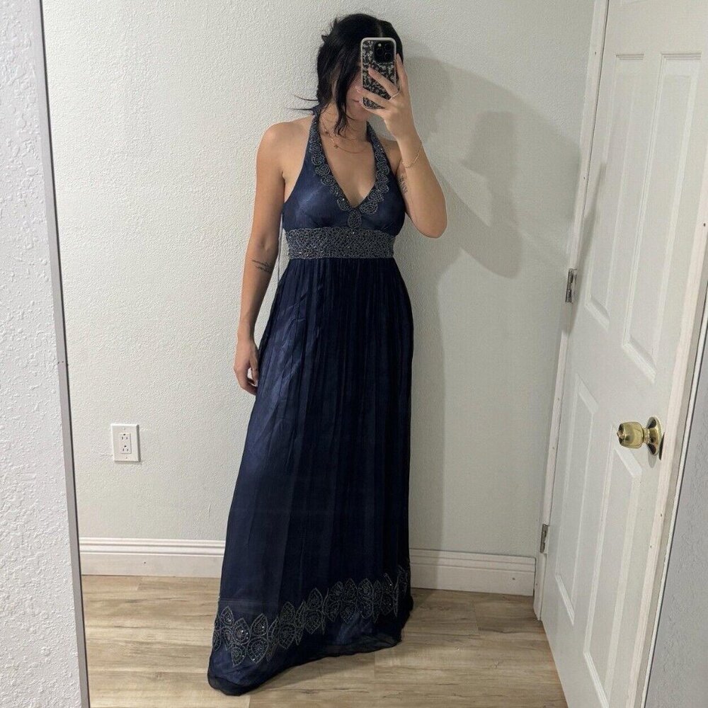 Adrianna Papell Beaded Chiffon Halter Gown Sz 12 Navy